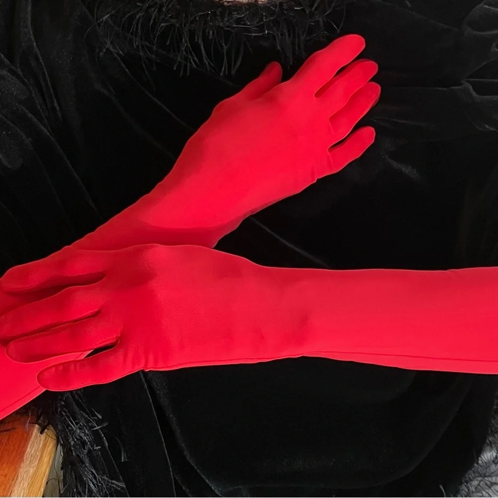 Elegant Opera Length Red Womens Gloves Smooth Stretch Fabric One Size Fits Most